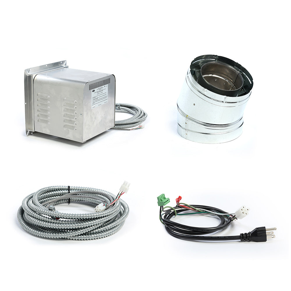 Power vent starter kit with metal control box, gray cable coil, wiring harness, flue adapter