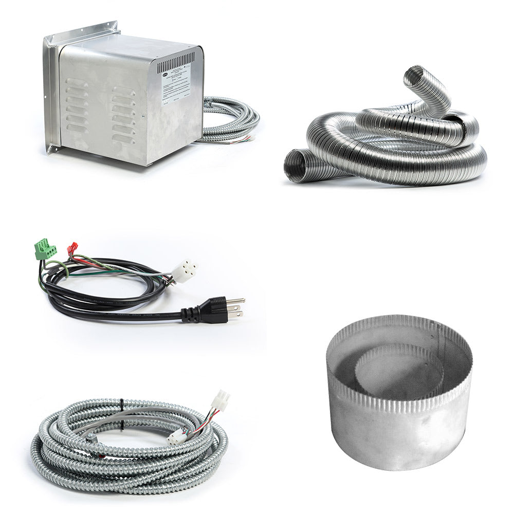 Power vent kit components: silver control box, flexible metal duct, wire harness, vent collar