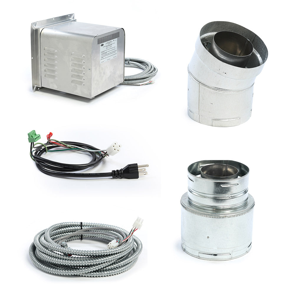 Power vent starter kit with metal control box, wire harness, and silver vent pipe adapters