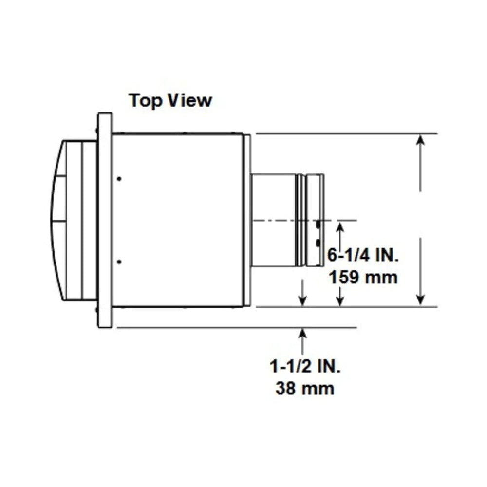Low-profile power vent, top view showing vent collar and metal housing