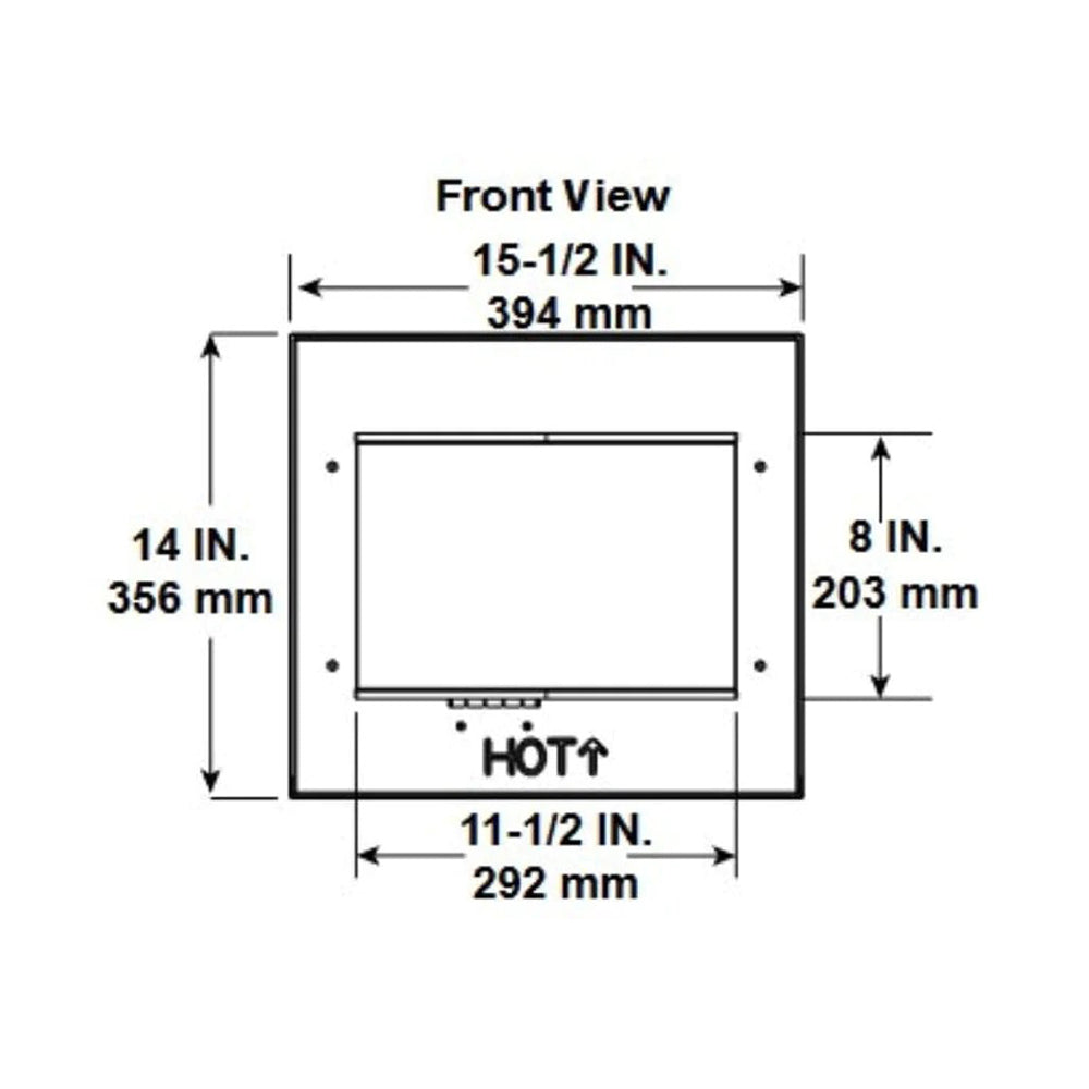 Low-profile power vent front view with rectangular metal grille and mounting tabs