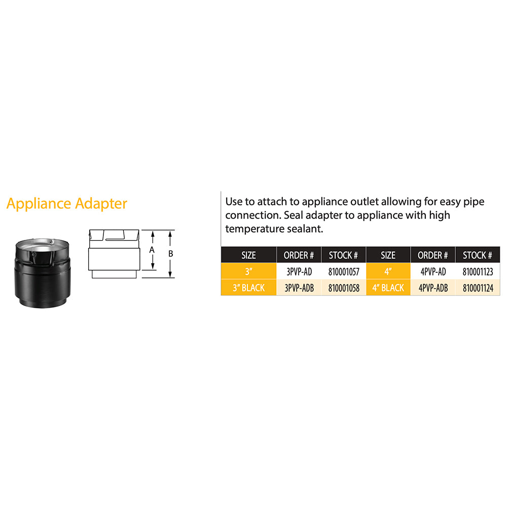 Pellet vent appliance adapter diagram with size and order compatibility chart