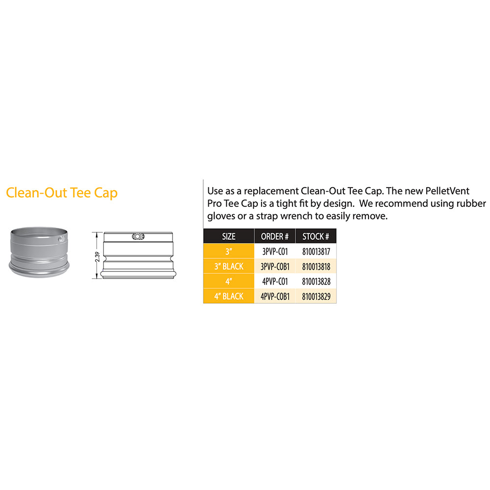 DuraVent Clean-Out Tee Cap diagram with size labels for 3 in and 4 in