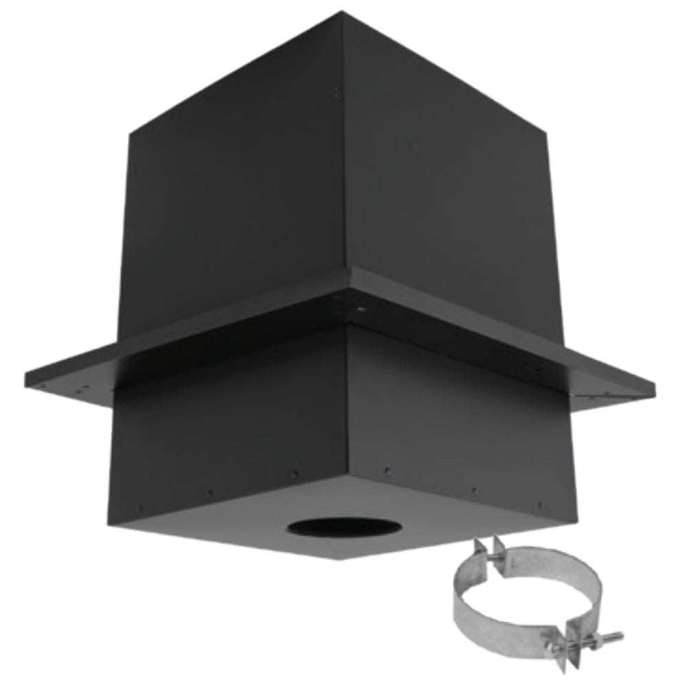 Black steel cathedral ceiling support box with outlet opening and clamp