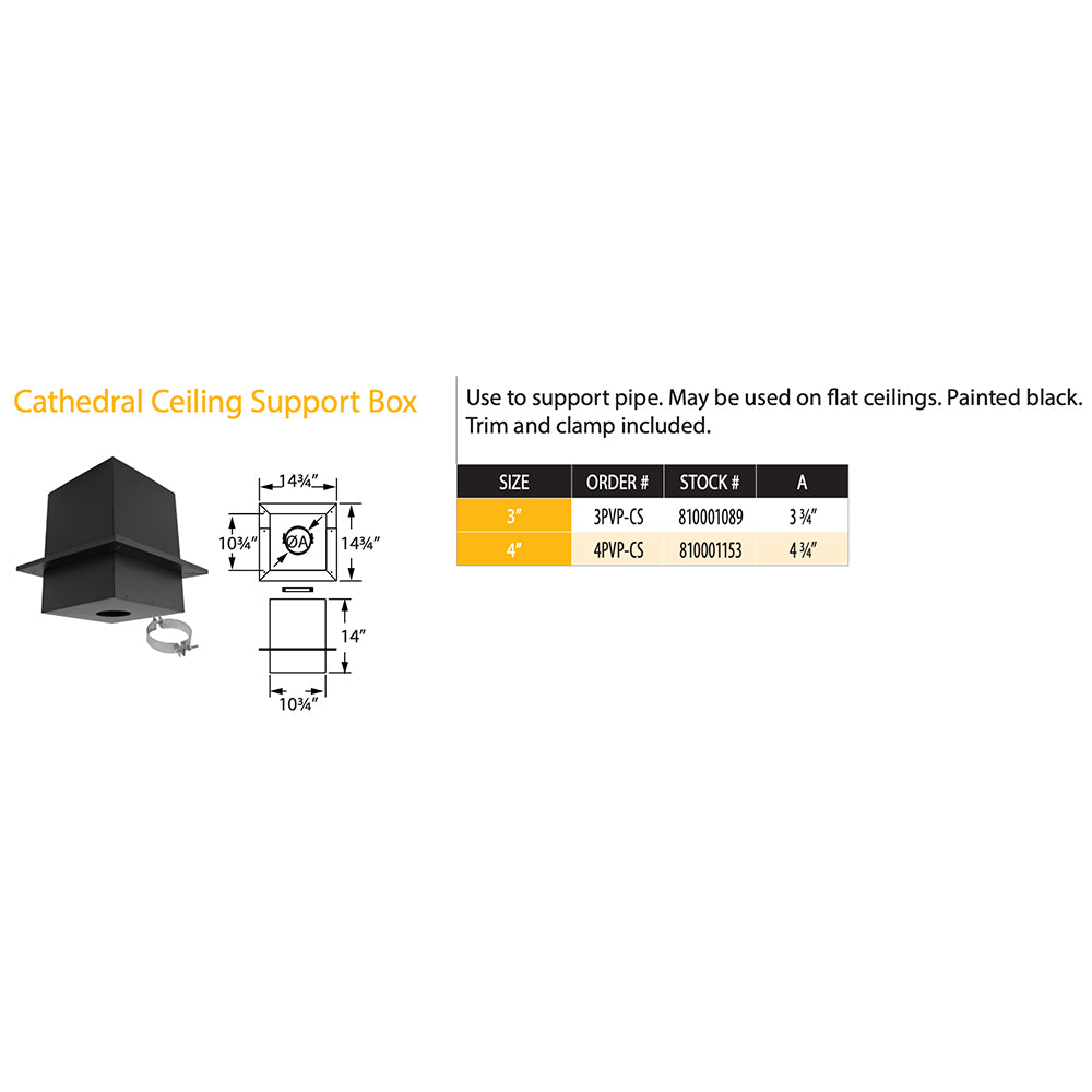Black cathedral ceiling support box diagram with size chart and dimensions