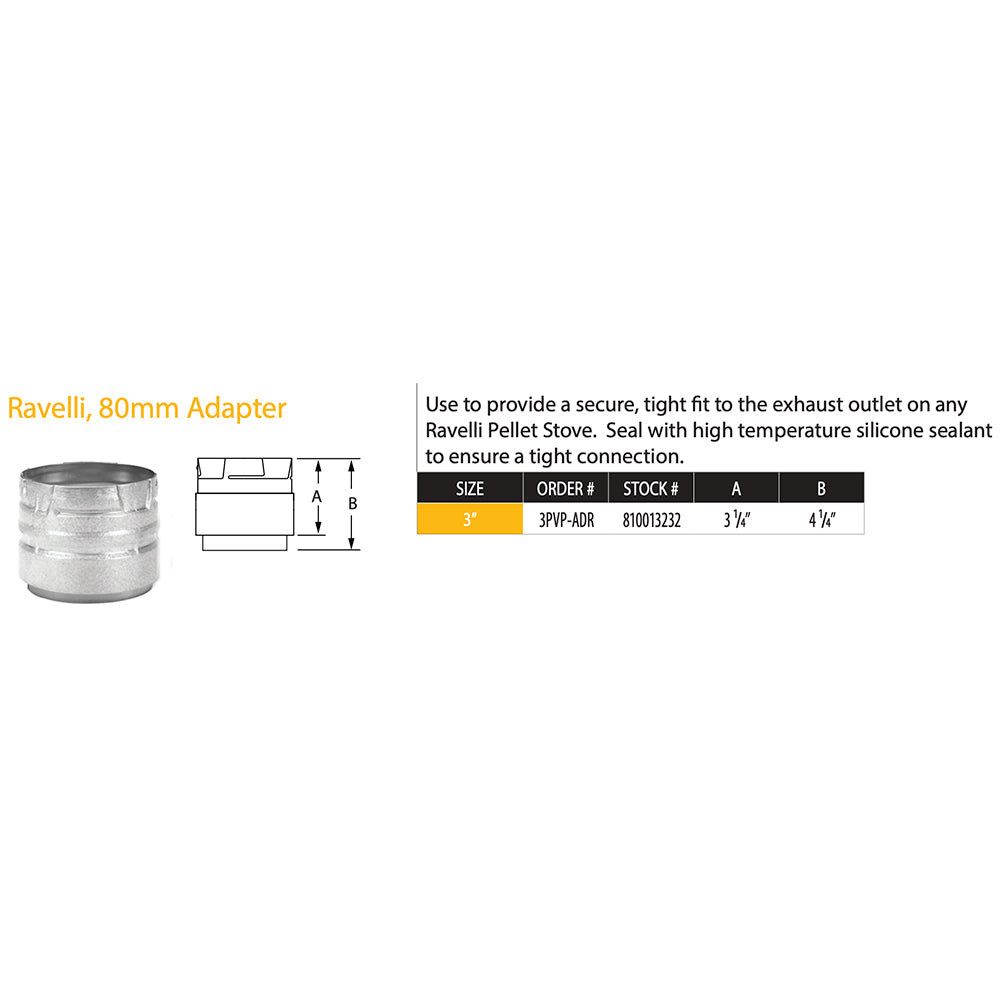 Galvalume steel pellet vent adapter increaser with connector diagram and dimensions