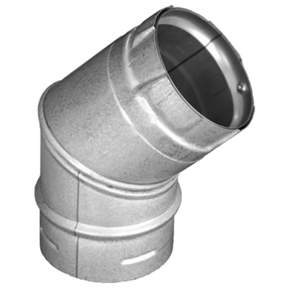 PelletVent Pro 45-degree steel vent elbow with dark inner flue