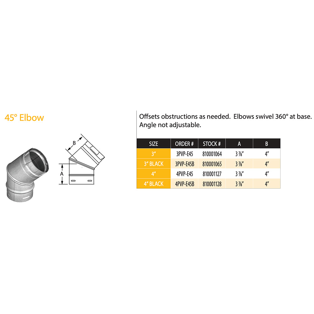 PelletVent Pro 45-degree vent elbow diagram with size chart and dimensions