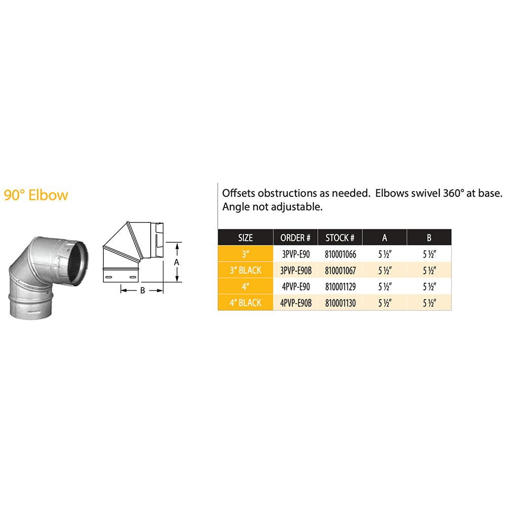 90-degree pellet vent elbow diagram with dimensions and size chart