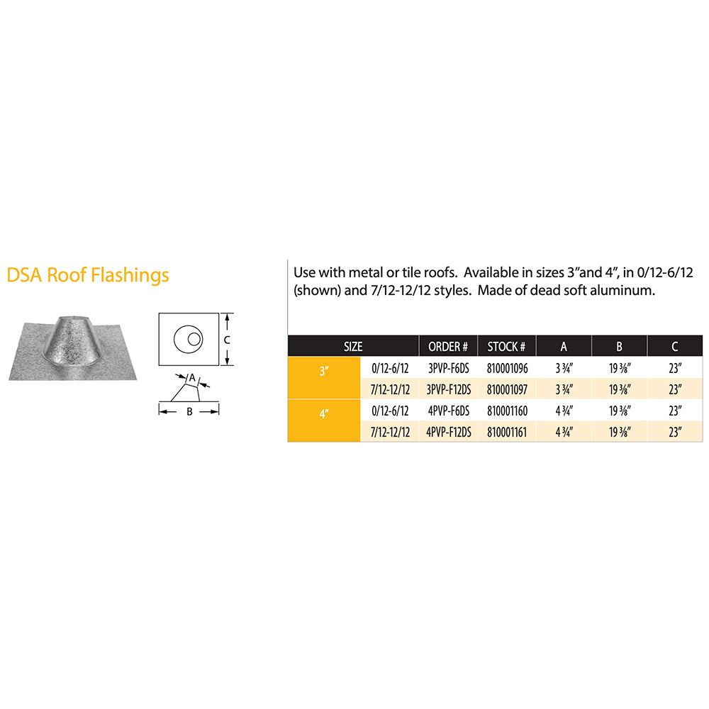 Roof flashing size chart diagram with vent collar dimensions for DSA roof flashings
