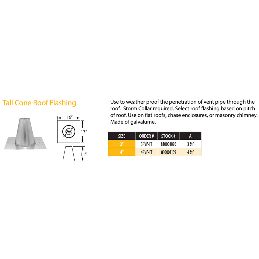 DuraVent tall cone roof flashing diagram with dimensions and size chart