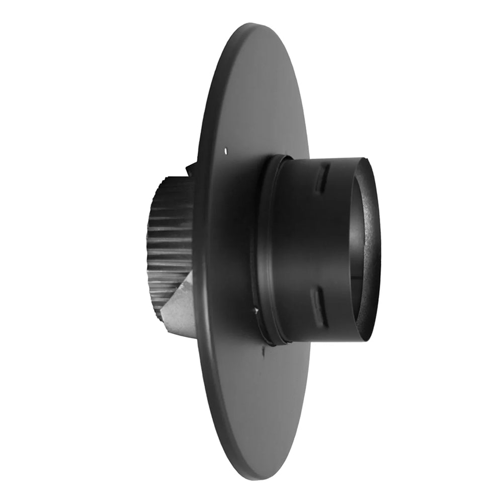 Black steel flex trim collar with round flanged end and ribbed vent connection