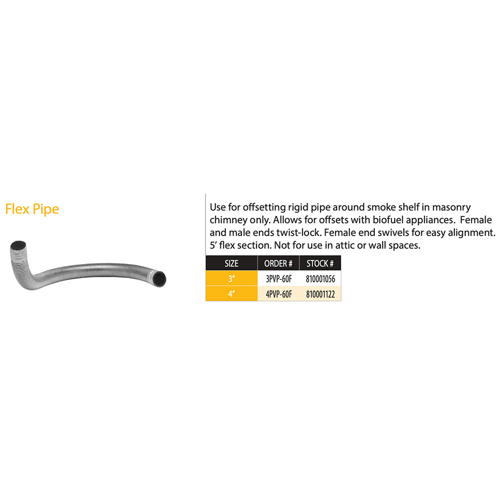 PelletVent flex pipe shown with product-size listing and dark end opening