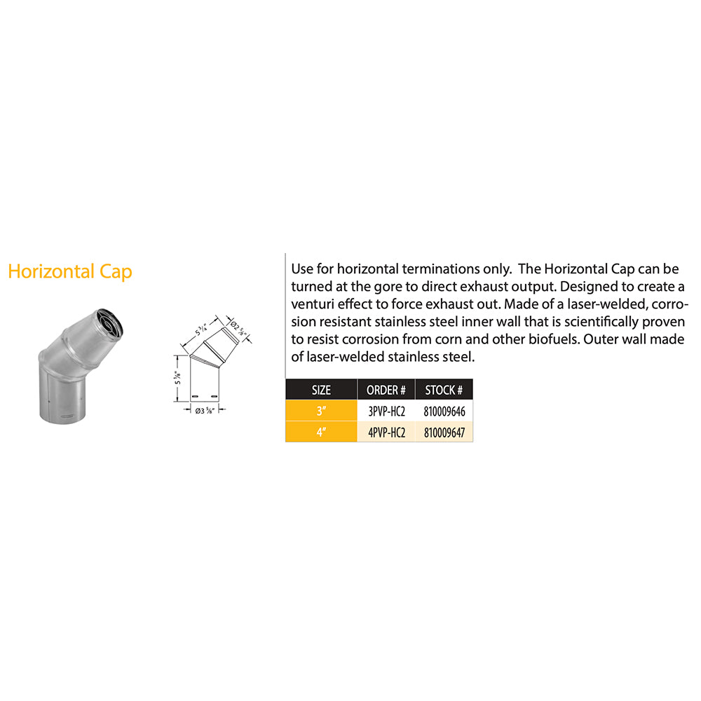 Horizontal vent cap with dimension diagram and size chart on label