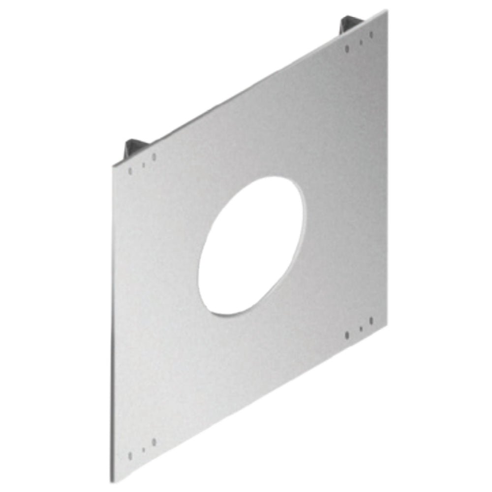 Metal house shield panel with round vent opening and screw holes, gray