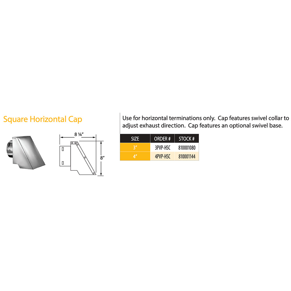 Square horizontal pellet vent cap shown with dimensions and inlet collar