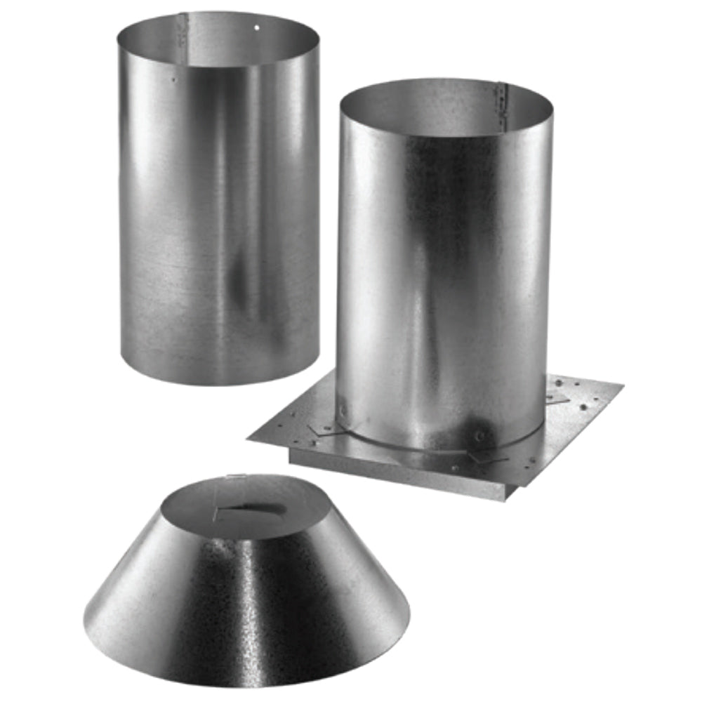 Metal attic insulation shield with base plate and flue cap, silver finish