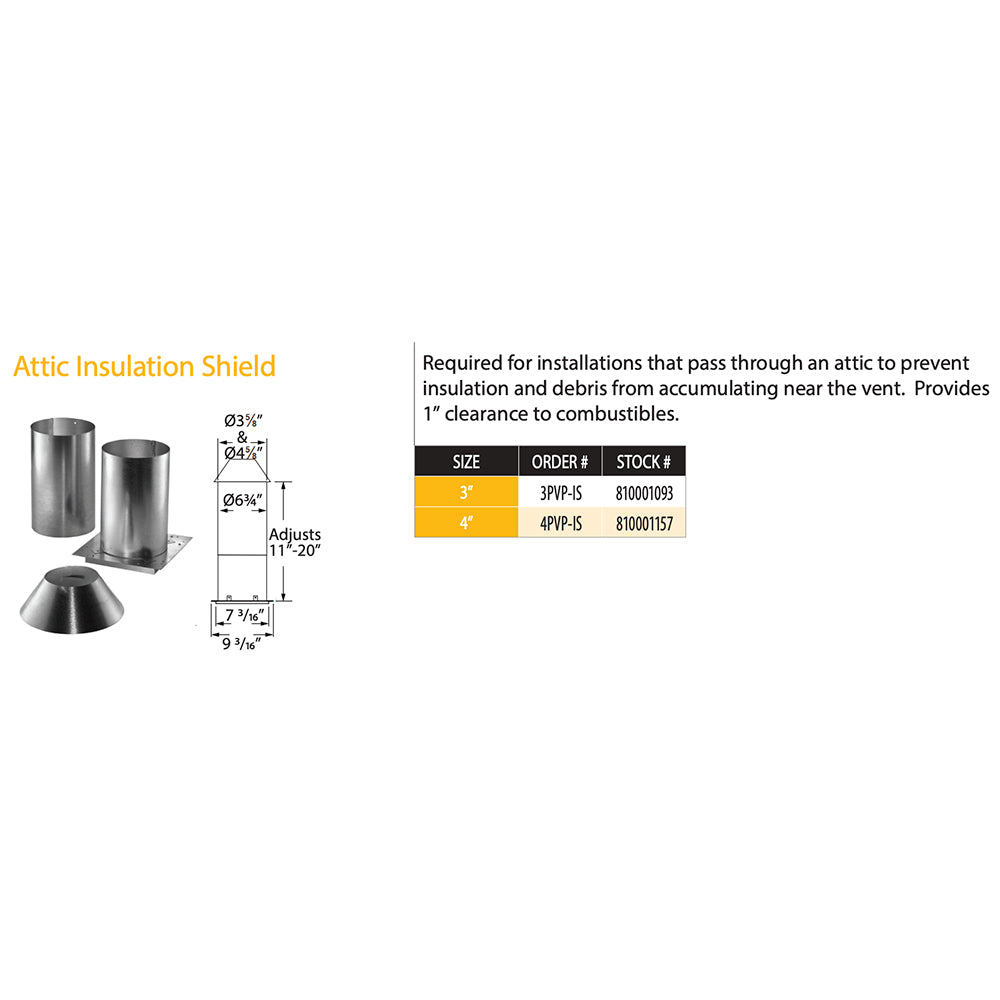 Attic insulation shield product diagram with dimensions and sizing chart, silver metal