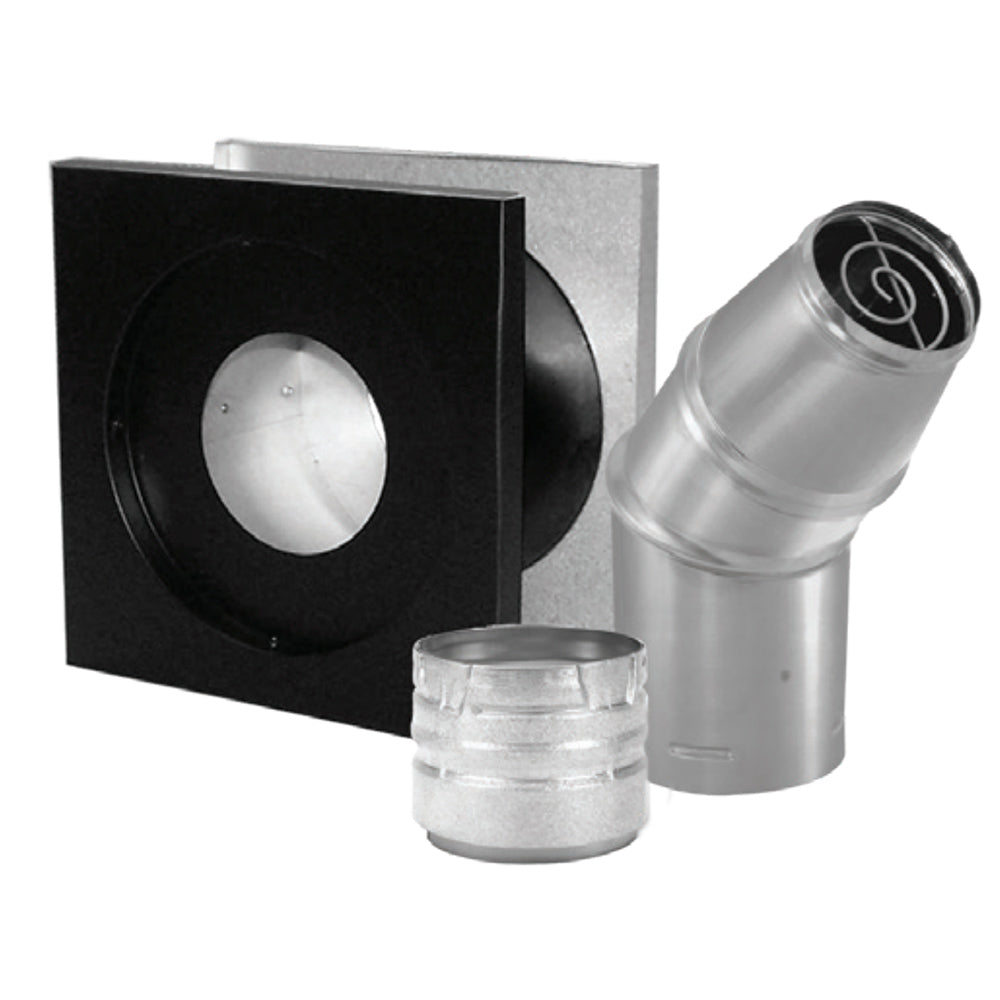 PelletVent Pro horizontal vent kit with black wall cap, silver elbow, and adapter