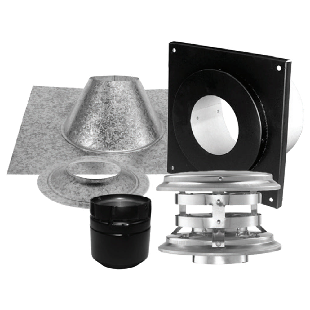 Pellet vent vertical kit with black ceiling plate, silver flue collar and pipe section