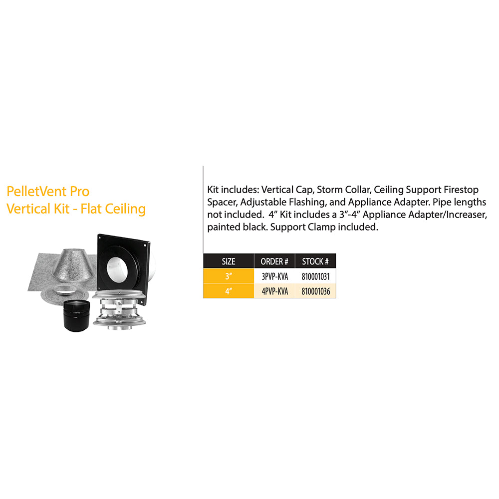 Pellet vent vertical kit shown with ceiling support plate and vent connector parts