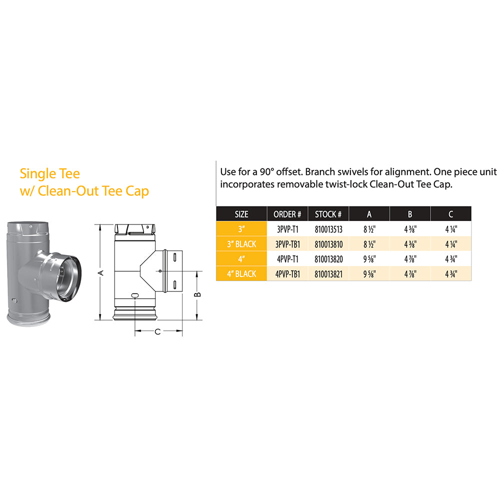 Technical line drawing of round single vent tee with clean-out cap and size chart.