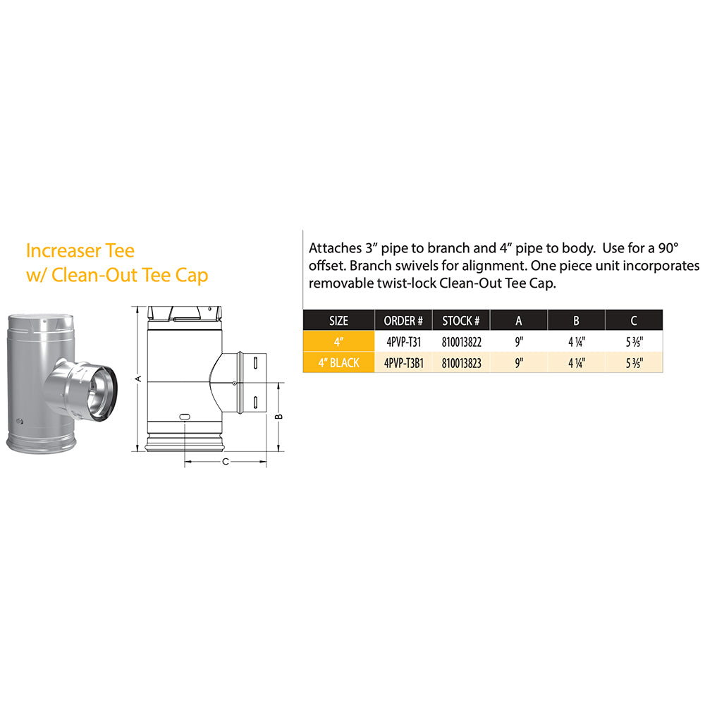 Technical view of 4-inch steel increaser tee with clean-out cap, dimensions shown