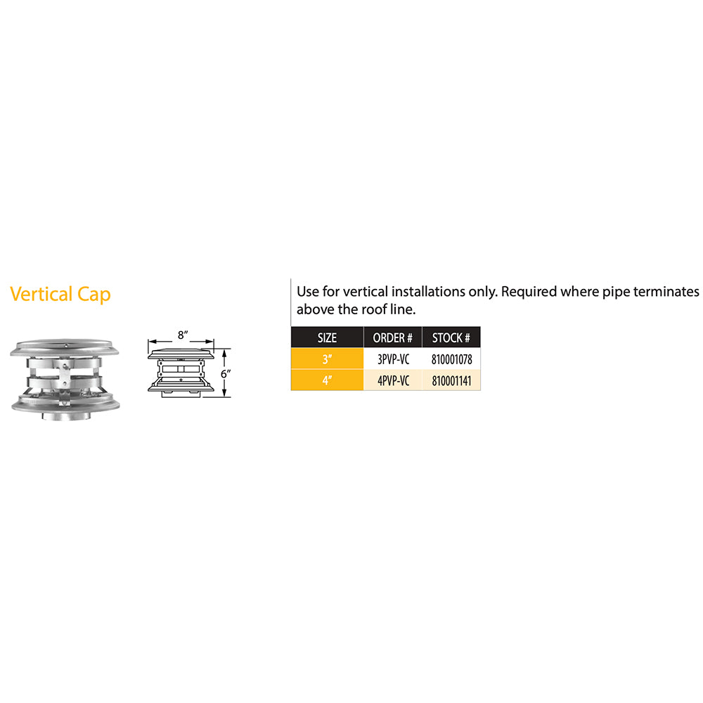 Vertical pellet vent cap diagram with dimensions and parts list