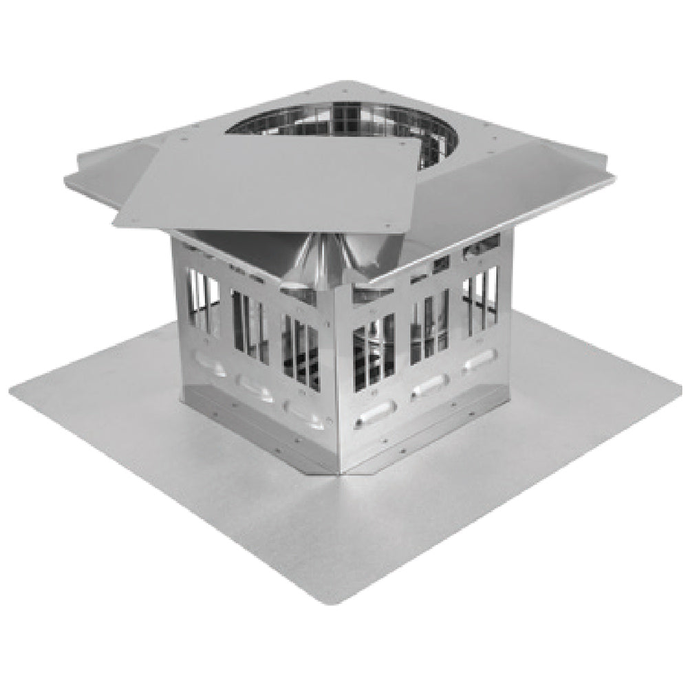 Galvalume steel pellet vent termination cap with prairie-style louvered openings