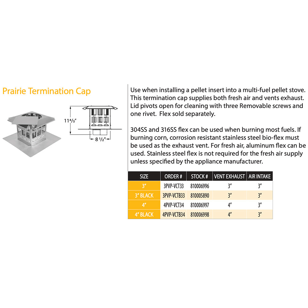 Pellet vent termination cap size chart with dimensional diagram and airflow openings