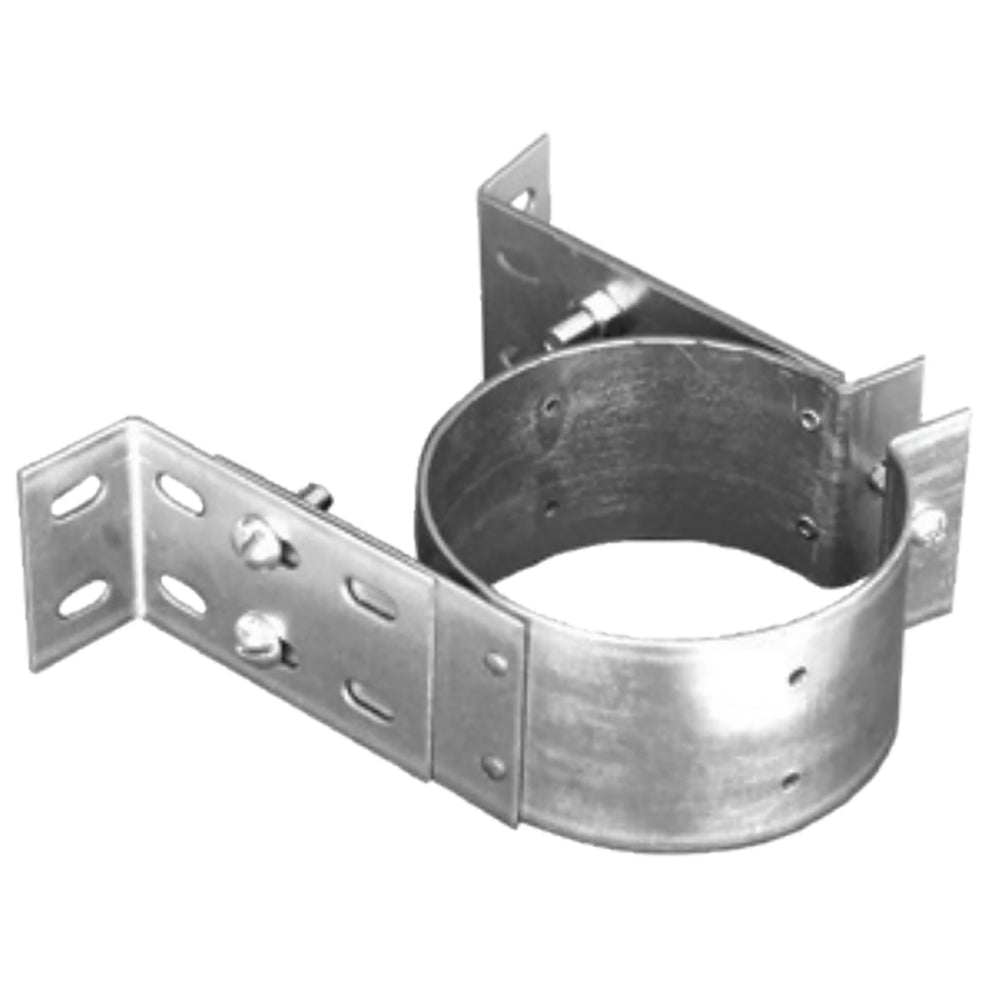 Adjustable wall strap for pellet vent: galvanized steel band with mounting brackets