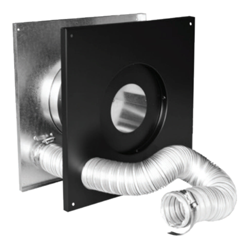 PelletVent wall thimble air intake kit with black wall plate and ribbed flexible duct