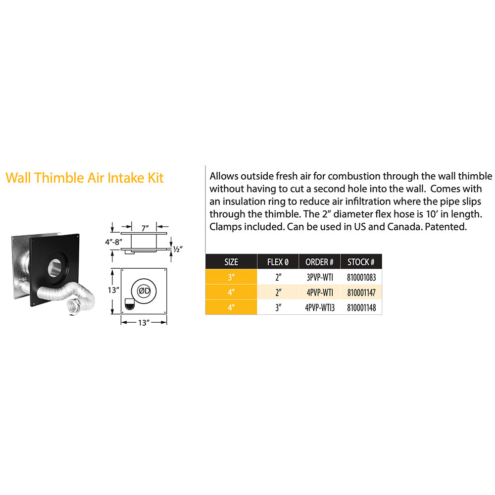 Wall thimble air intake kit diagram with dimensions and listed sizes