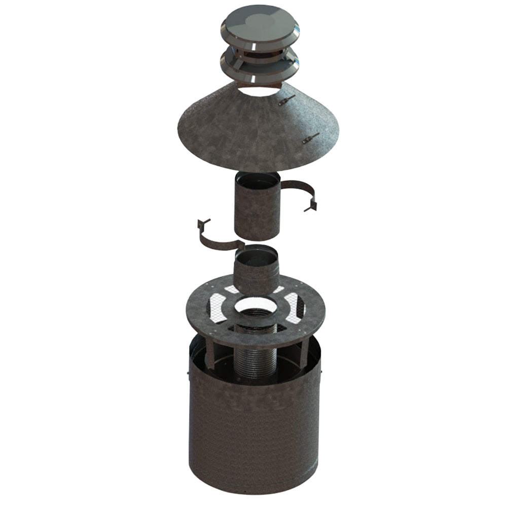Pellet vent reline kit with stainless steel cap, collar, and vent sections