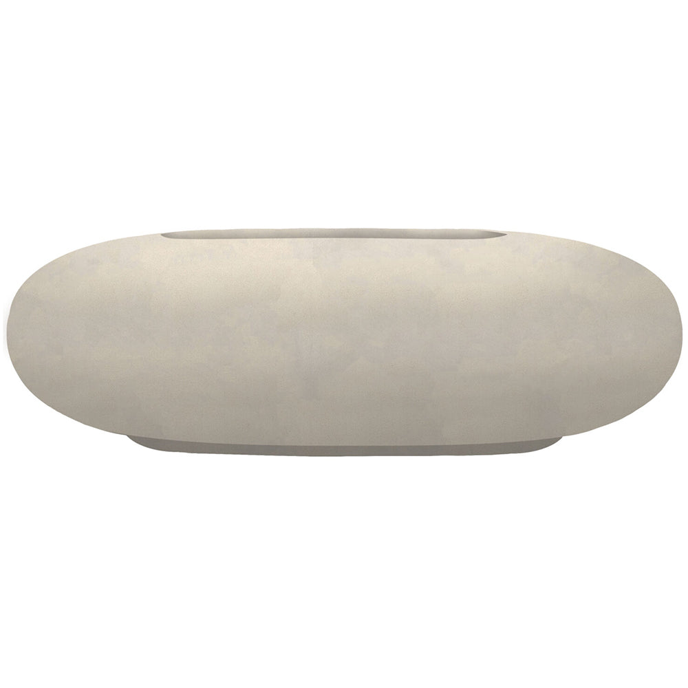 Round pebble concrete gas fire pit top view, light gray stone finish