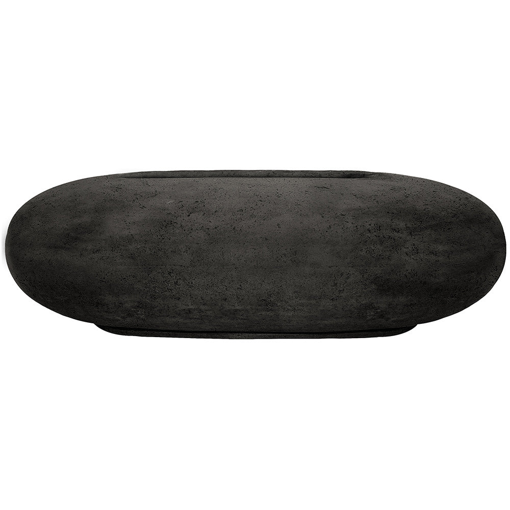 Pebble concrete gas fire pit, dark charcoal oval top with textured surface.