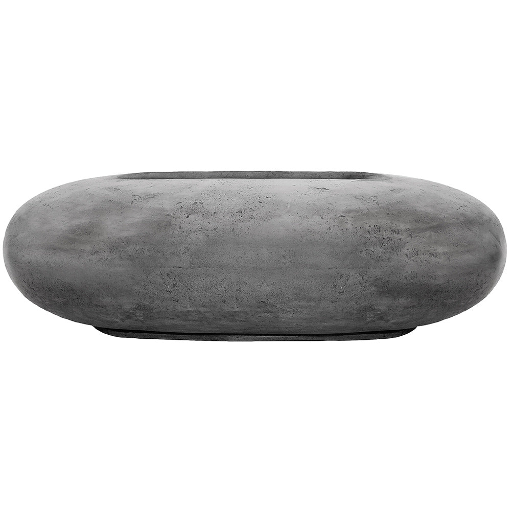 Pebble concrete gas fire pit, gray oval top with mottled textured finish.
