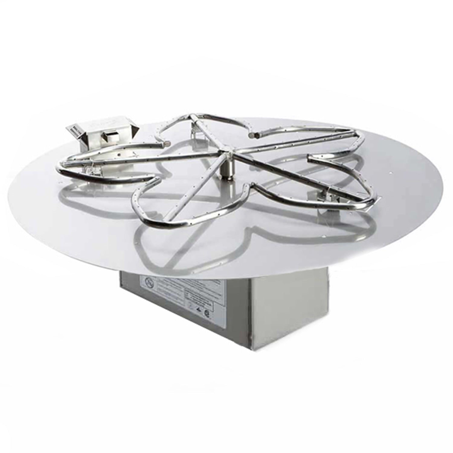 Steel burner assembly with circular base plate and connected gas lines for fire pit