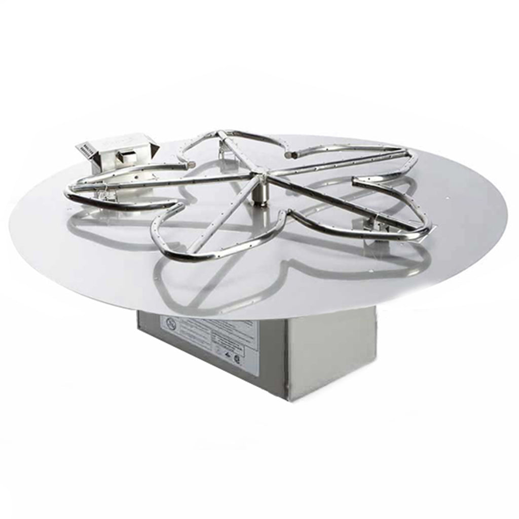Square stainless steel burner assembly with multi-arm grate on mounting base