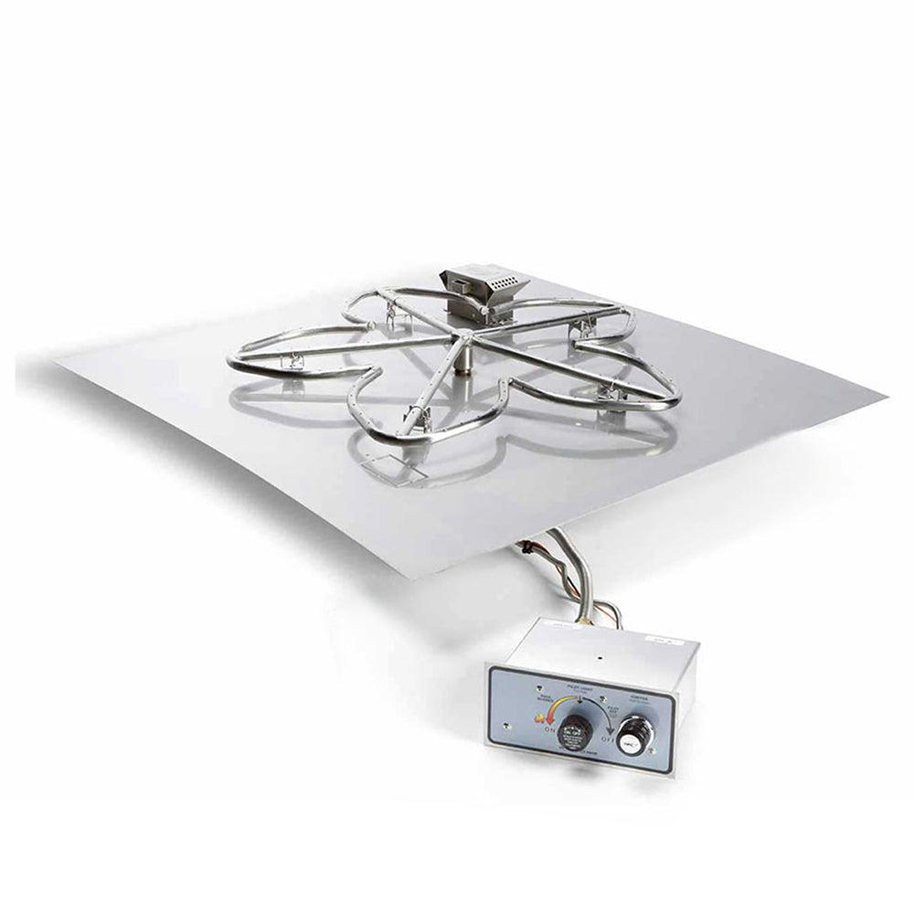 Gas fire pit burner kit with square flat pan, stainless burner, and control module