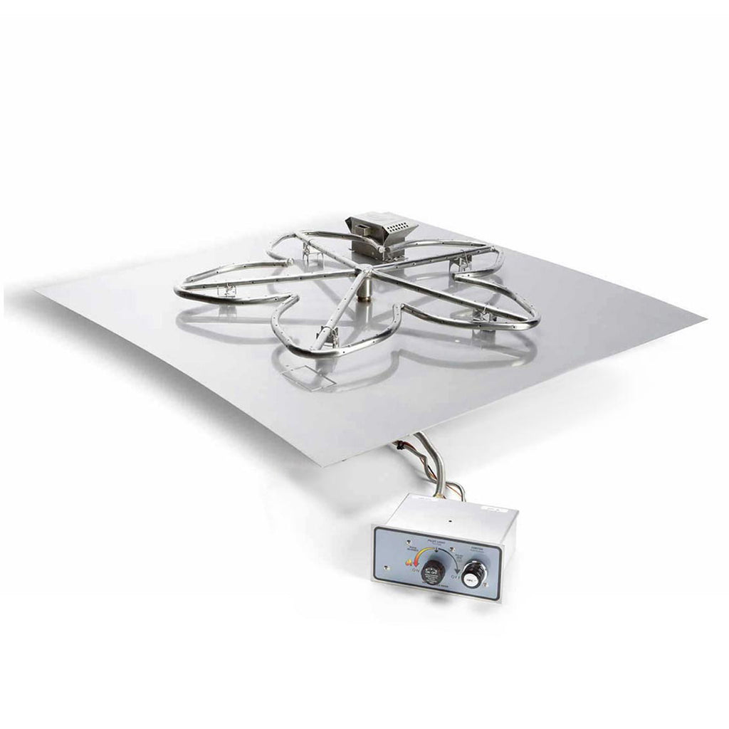 Gas fire pit burner assembly on square flat pan with control module