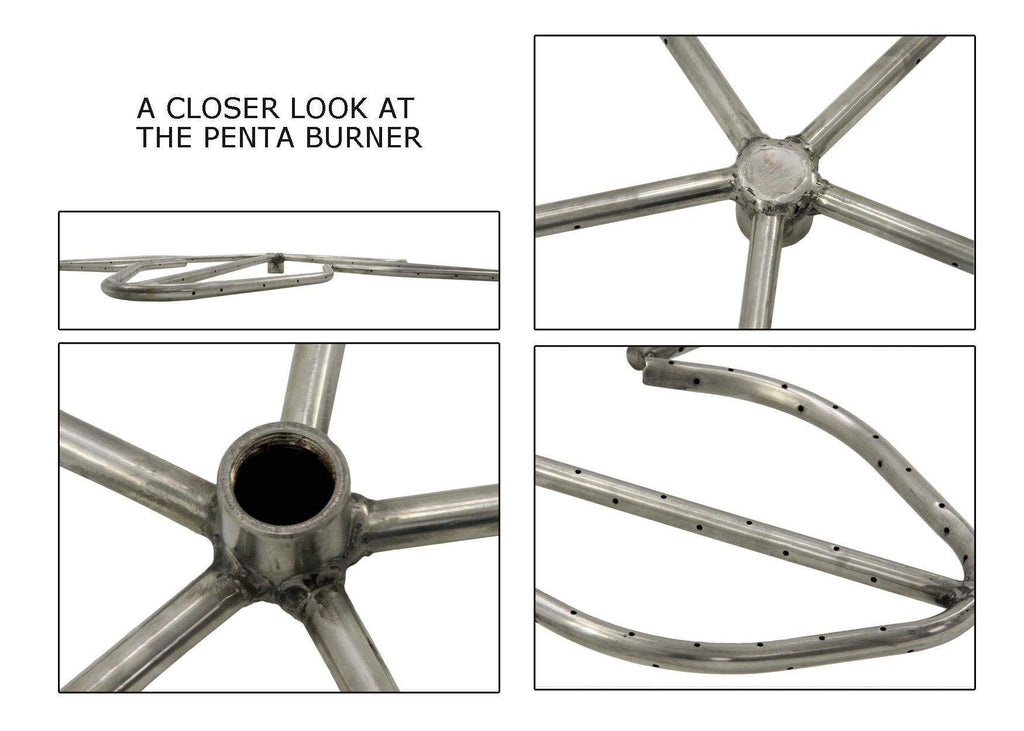 Penta burner tube and star nozzle assembly, stainless steel gas fire pit kit