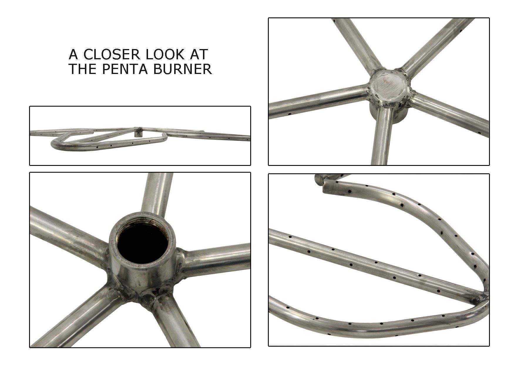 Penta burner tube and star nozzle assembly, stainless steel gas fire pit kit
