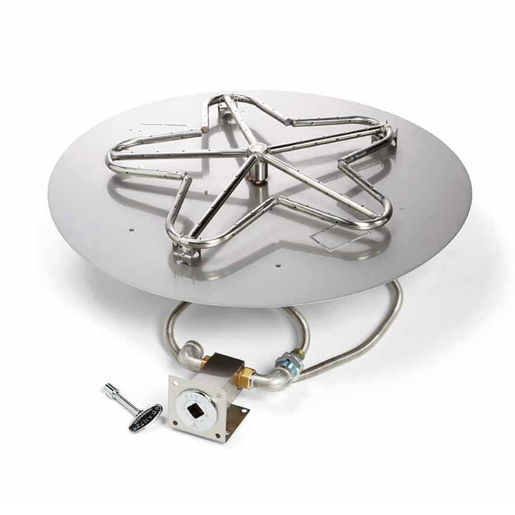 Stainless steel gas burner assembly with circular top, support ring, and control valve