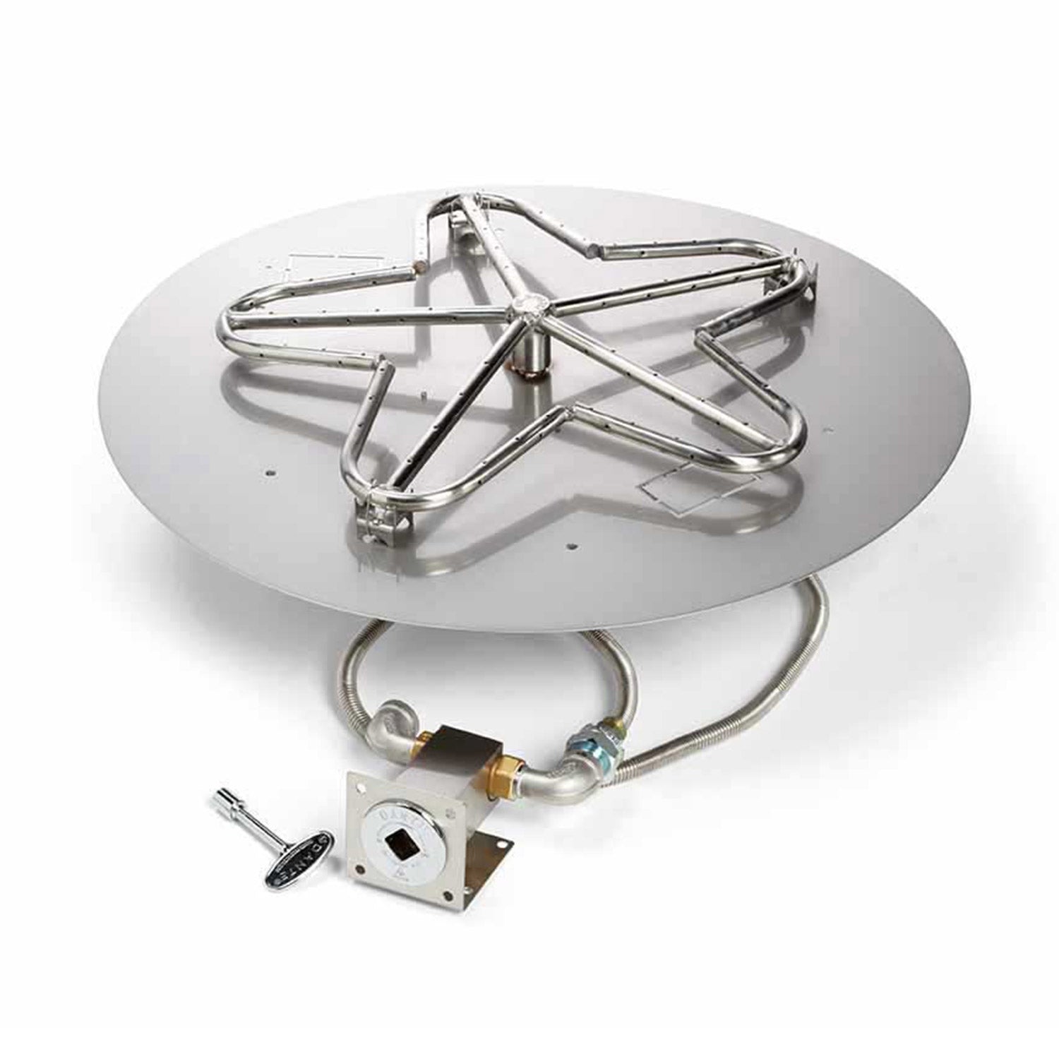 Burner with crossed metal supports and gas valve components on round mounting plate
