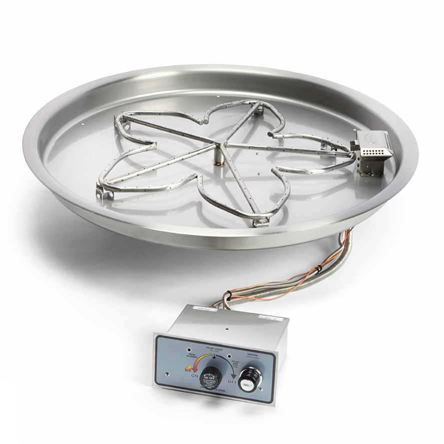 Round fire pit burner assembly with ignition control box and connected cables