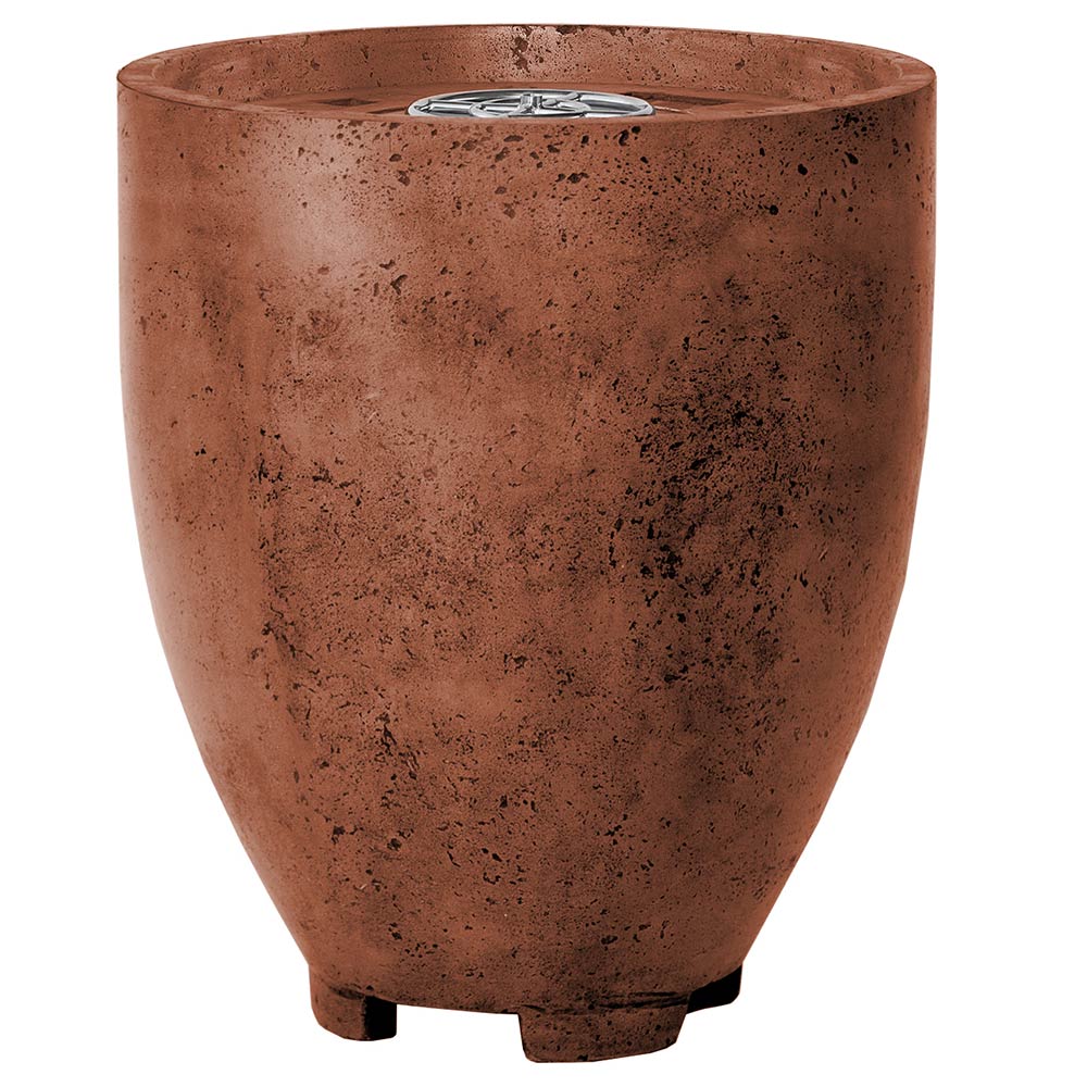 Concrete gas fire pit with round drum shape, warm brown finish, vented top panel