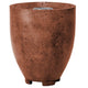 Concrete gas fire pit with round drum shape, warm brown finish, vented top panel