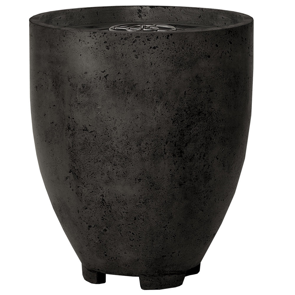 Concrete gas fire pit with round drum shape, black textured finish, vented top panel