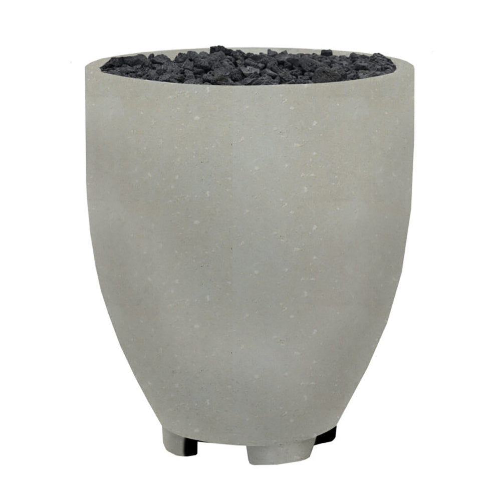 Concrete gas fire pit with round drum shape, light gray speckled finish, vented top panel